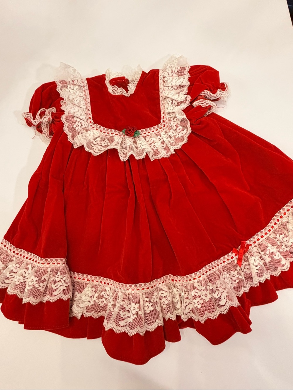Vintage Hugs & Kisses Red Velvet Lace Baby Dress-2T